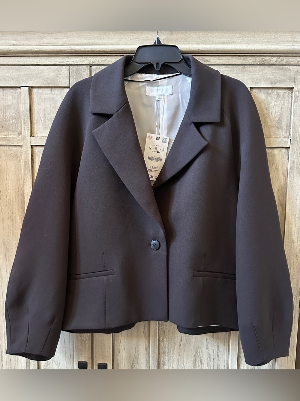 NWT Zara Women's Puff Sleeve Blazer Dark Brown Single-Button Jacket Large L NEW - Picture 2 of 6
